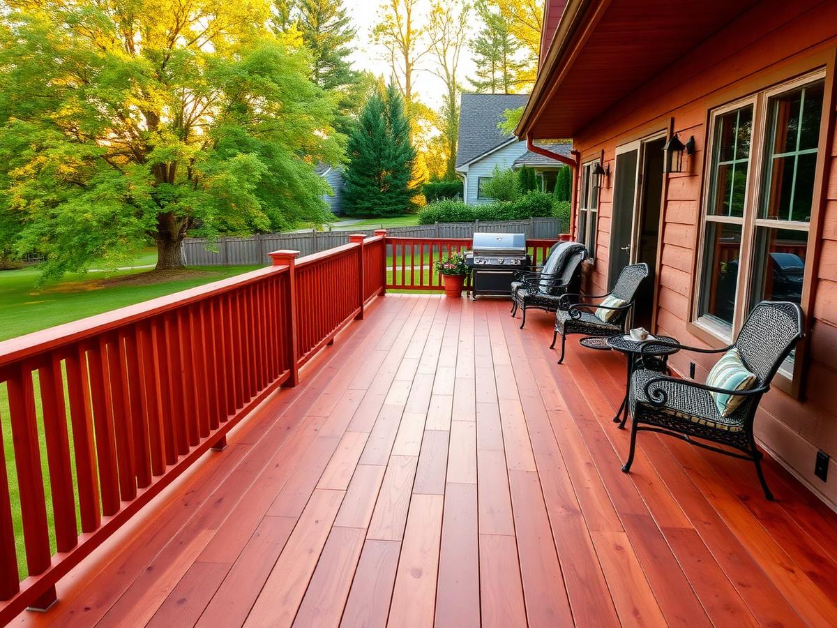 Freshly stained cedar deck with wood railing behind a home in the western Chicago suburbs