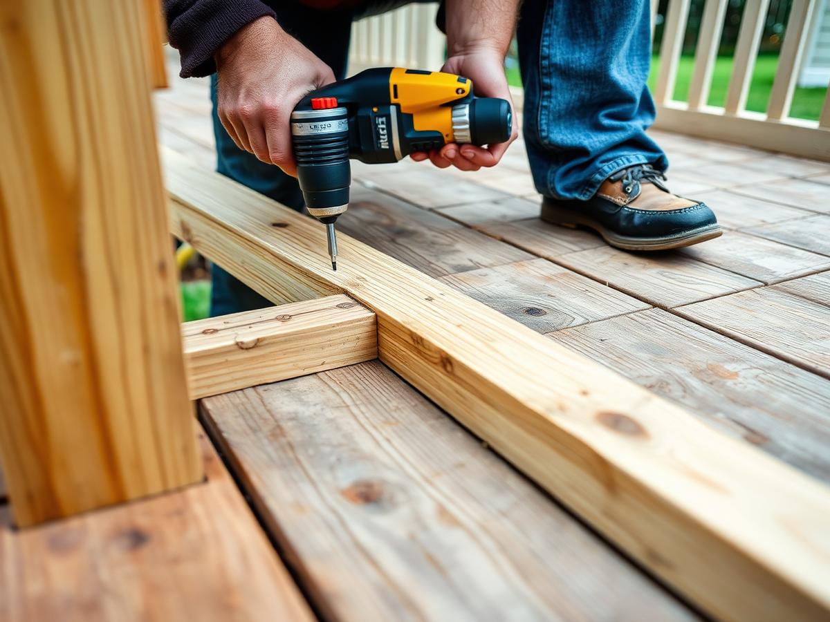 Carpenter replacing rotted deck boards and sistering a joist during a deck repair in Naperville, IL