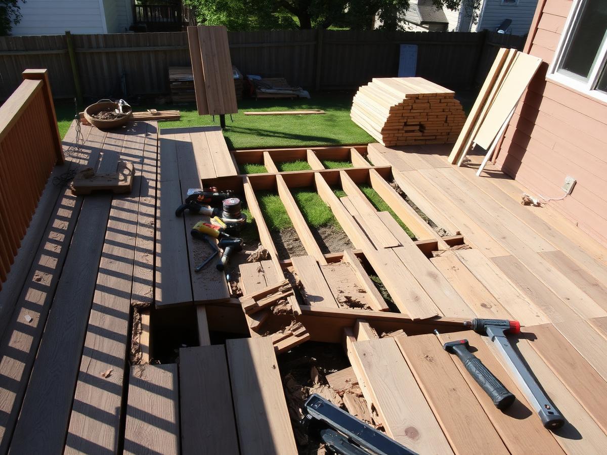 Deck replacement in progress — old deck boards torn out and new framing joists set on an Illinois home