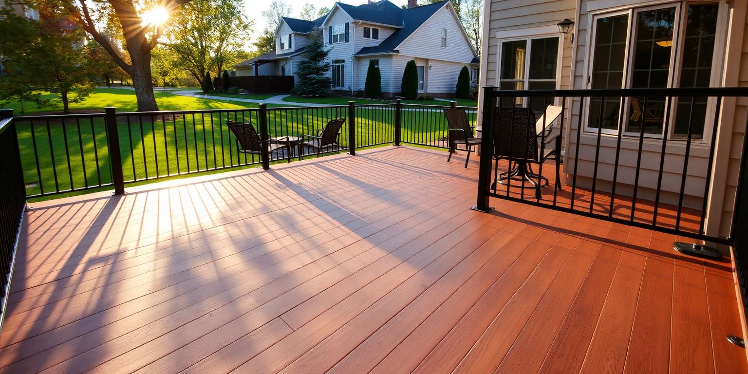 Finished custom composite deck with black aluminum railing built by ProDeck Works in Naperville, IL
