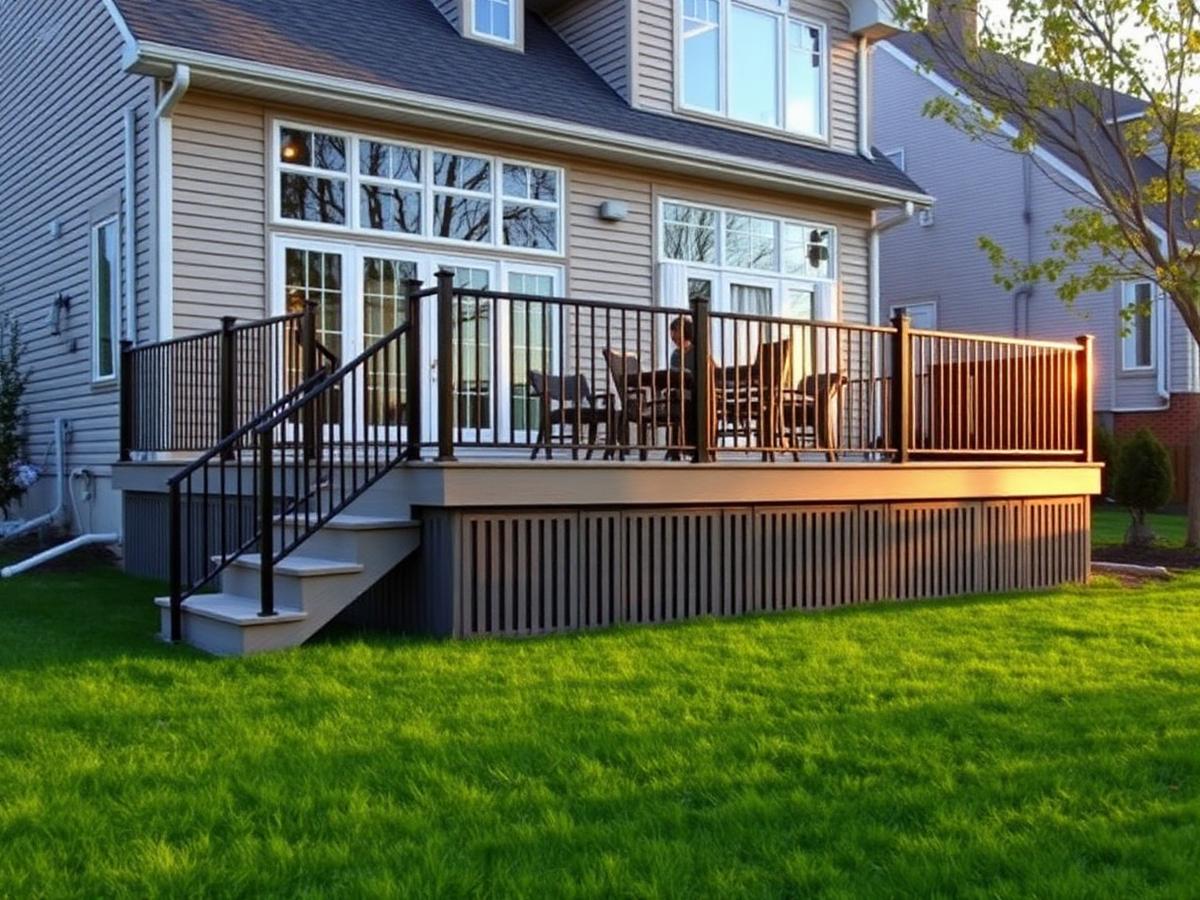New composite deck with black aluminum railing and stairs built by ProDeck Works in Naperville, IL